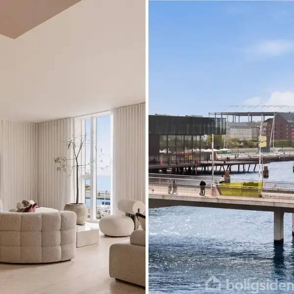 Lyst, moderne stue med buet sofa mod vægmonteret TV og store vinduer. Ved siden af vises en byudsigt med blå himmel, vand, en bro og bygninger i baggrunden.