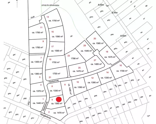 Kort viser et boligkvarter med opdelte grunde. Hver grund er markeret med nummerering og areal, f.eks. "ca. 1750 m²". Gaderne "Havrevænget" og "Nørreløkke" er nævnt.