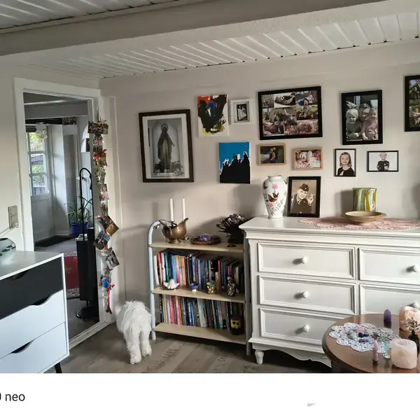 En stue med en hvid kommode fyldt med vaser og dekorationer. Der er bøger på en reol, kunst og fotos på væggen, og en hund sidder ved døren. Øverst er der tekst: "motorola edge 50 neo 24mm f/1.8 1/100S ISO73 1. okt. 2023".