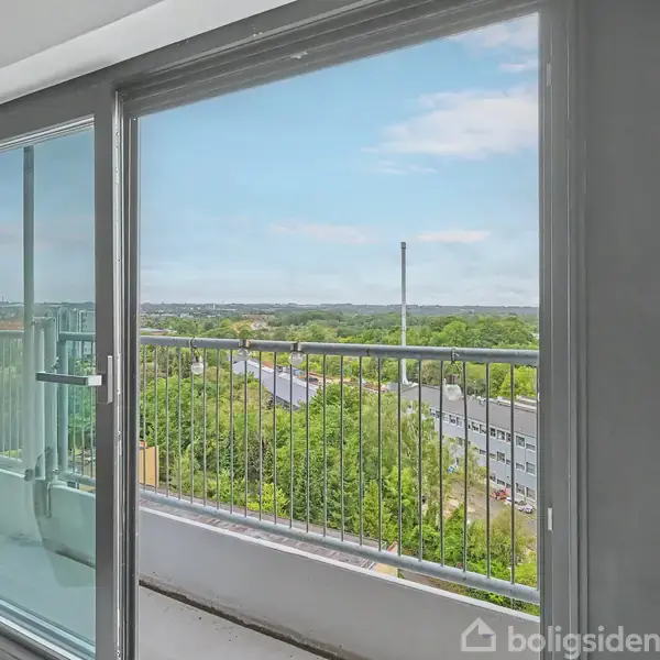 Glasdør åbner ud til balkon; udsigt over grønne områder og bygninger under blå himmel. Indendørs potteplante står ved siden af døren.