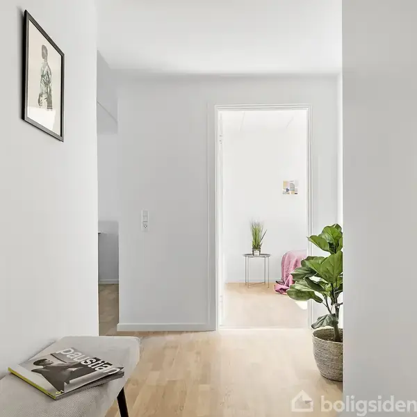 En lys gang med trægulv har en bænk med et magasin, en plante i potte, og et vægmaleri. Døråbningen fører til et rum med en plante og kunst.