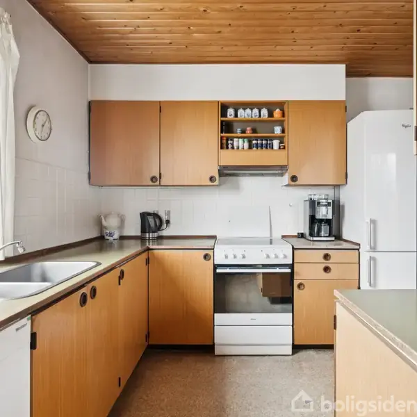 Et køkken med træloft har brune skabe og skuffer, en hvid komfur, kaffemaskine og vask under et stort vindue. På væggen hænger et ur.