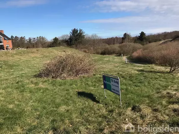 Skilt står på en grøn mark, reklamerer med teksten "Til Salg Nybolig 4063 4800". I baggrunden ses et rødt hus, buske og træer under en blå himmel.