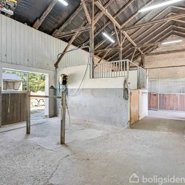 Stald interiør med bås, udstyrsholdere hænger fra væggen, mens åbne døre fører til grønne omgivelser udenfor. Ikke noget tekst at transskribere.