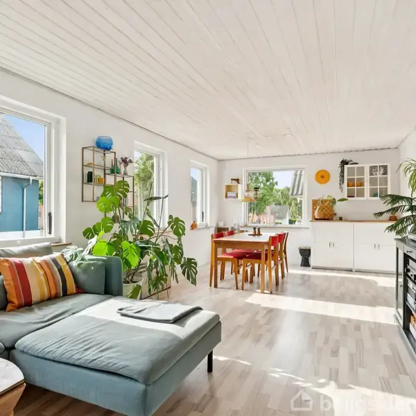 En lys stue med en hjørnesofa fyldt med farverige puder, står i sollys. Bord med stole i baggrunden og planter pryder rummet. Hvidt loft og trælaminatgulv.