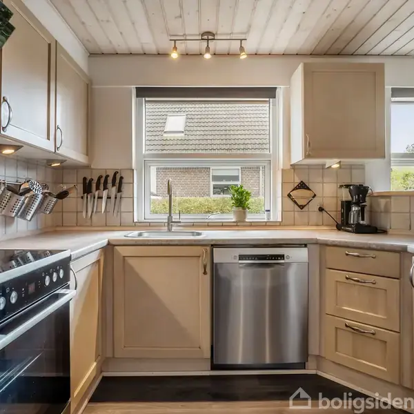 Et køkken med lyse skabe og en sort kogeplade. Køkkenredskaber hænger på væggen. En opvaskemaskine står under en vindueskarm med planter. Et vindue viser huset udenfor.