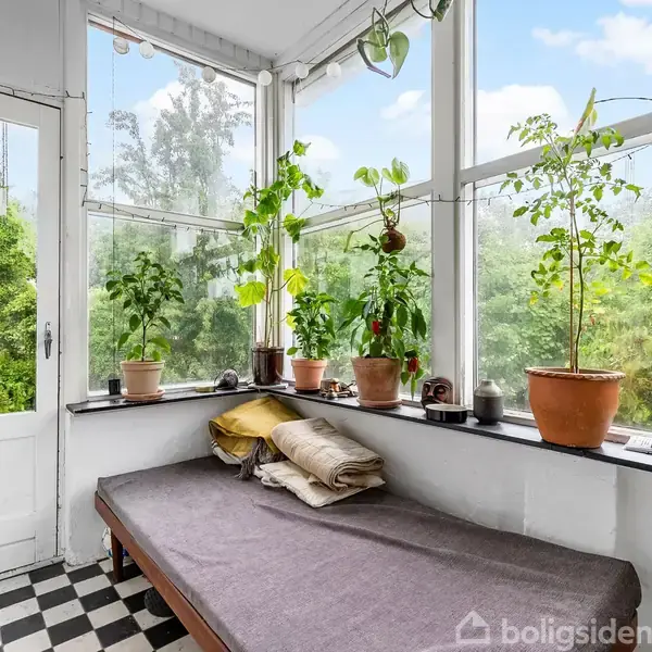 En bænk med tæppe og puder står i en solrig, glasindelukket veranda. Flere potteplanter er arrangeret langs vindueskarmen. Udsigten viser en grøn have udenfor.