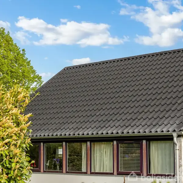 Et hus med sort tag og store vinduer, omgivet af en tæt, grøn busk og træer, under en klar blå himmel med skyer.