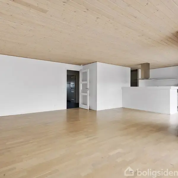 Stort, tomt rum med lys trægulv og lyse trælofter. Åbner sig mod hvidt køkkenområde i baggrunden. Store glasdøre lader lys komme ind fra højre side.