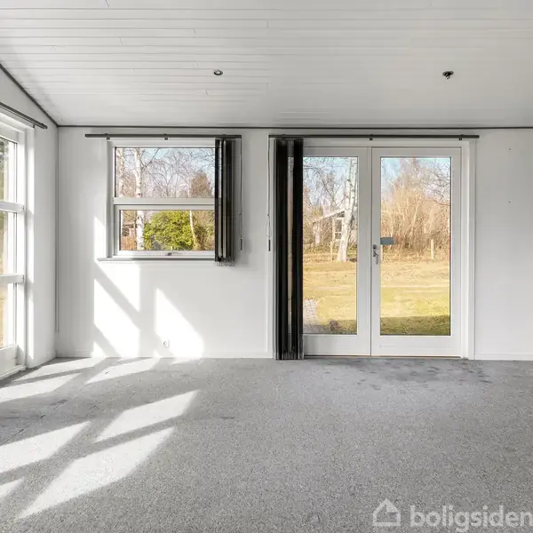 Stue med gråt tæppe, store vinduespartier og glasdøre åbner mod en solrig have. Hvide vægge og loft med mørk accentvæg til højre skaber moderne atmosfære.
