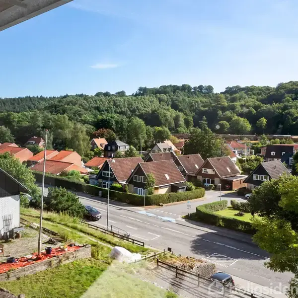 Huse ligger stille i et boligkvarter; de har røde tage og er omgivet af grønne træer. En vej snor sig gennem området, og en skov kan ses i baggrunden.