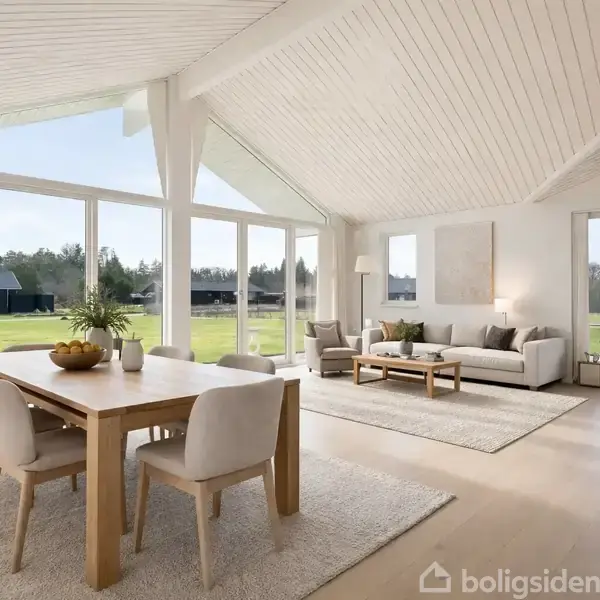 Stuen har store vinduer med udsigt til en græsplæne. Der er en spisebord med stole til venstre, og en sofa med sofabord til højre. Text: "Visualisering".