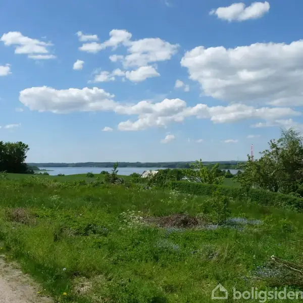 En grusvej løber langs en grøn eng ved en sø under en blå himmel med spredte skyer. Træer står i baggrunden nær vandet.