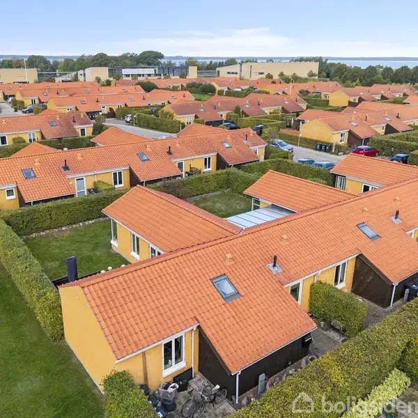 Rækkehuse med røde tegltage står tæt omgivet af grønne hække. Omkring husene er der græsplæner og gangstier. I baggrunden ses flere træer og en stor bygning.