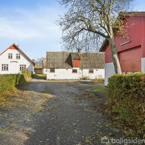 Hvidt hus med rødt tag står stille ved siden af hvid bygning og rød lade. Grusvej og grønne buske rammer gårdindkørsel. Himmel er blå.
