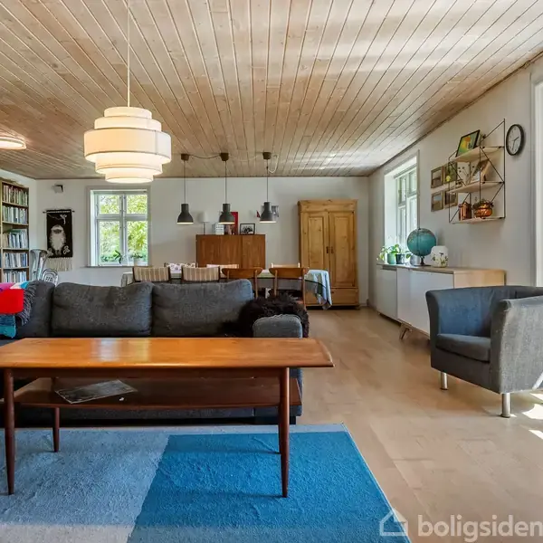 Stue med grå sofa og træbord på blå tæppe. Hylder, bogreol og globus bagved. Store vinduer sørger for naturligt lys. Moderne lamper hænger fra træloft.