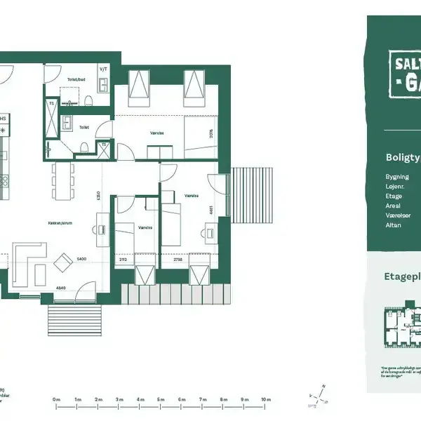 Etageplan viser en lejlighed med stue, køkken, to soveværelser og bad i rektangulær form. "Saltholmsgade" er nævnt. Boligtype H 4.1, 104 m², 4.5 m² altan.