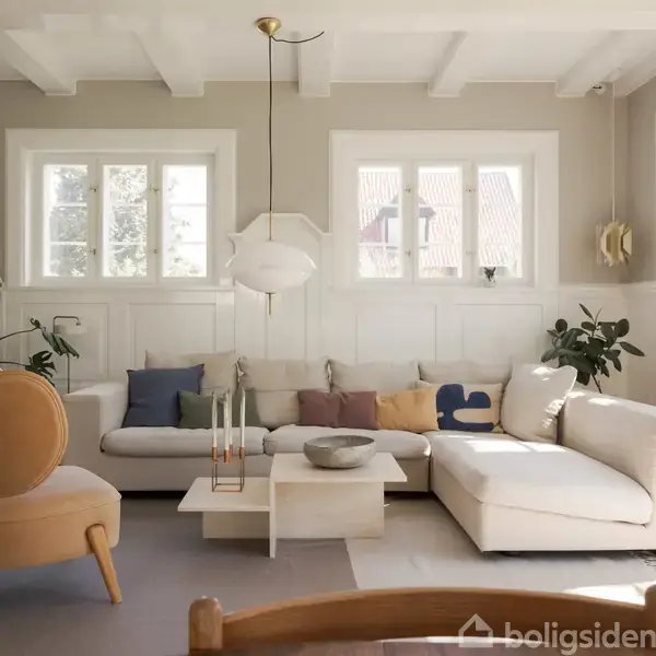 En beige hjørnesofa med farverige puder står i en stue. Et kaffebord er foran sofaen, omgivet af planter og en lys stol. Rummet har lyse vægge og store vinduer.