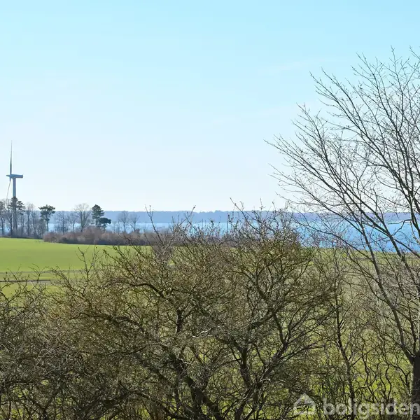 Vindmølle står stille på en grøn mark ved kysten. Træer uden blade omgiver området, og i baggrunden ses havet under en klar himmel.
