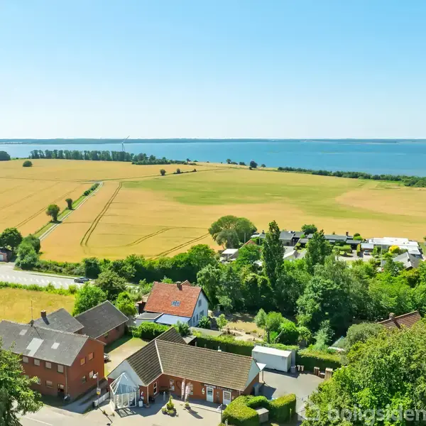Række af huse langs en vej omgivet af grønne træer med marker i baggrunden og udsigt over vand. Klar blå himmel skaber en lys atmosfære.