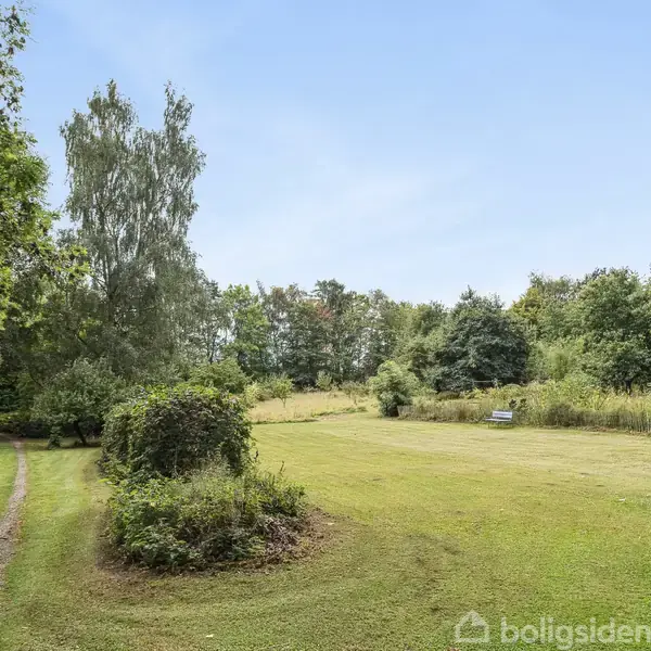 Græsplæne strækker sig over et åbent område med en grussti til venstre. Omgivet af tæt skov, med enkelte buske og træer spredt ud over landskabet.