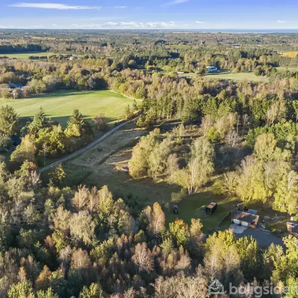 En stor skovklædt landejendom set fra luften med en vej, der snor sig gennem træerne. Området omkring ejendommen består af marker og skovområder under en klar blå himmel.