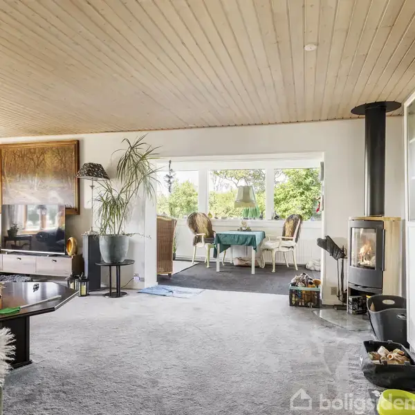 Stue med pejs, stor sofa og fladskærms-TV. Et spiseområde med bord og stole er ved vinduet, der har udsigt til en frodig have. Reol og grøn lampe er synlige.