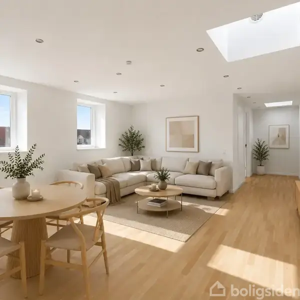 Stue med lyse træmøbler og beige sofa. Rundt spisebord med stole er centralt placeret. Rummet har store vinduer, planter og billeder på væggene, som skaber en moderne atmosfære.