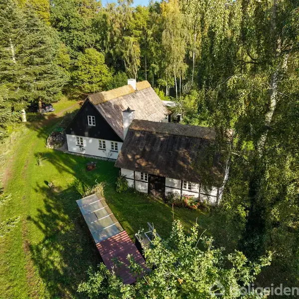 Et gammelt hus med stråtag står i en skovklædt have. En sti snor sig forbi huset, omgivet af høje træer i landskabet.