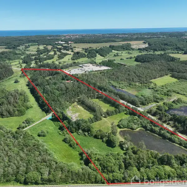 Et stort, skovklædt areal afgrænset af røde linjer, der strækker sig gennem det åbne landskab med spredte søer og grønne marker, mens havet ses i horisonten.