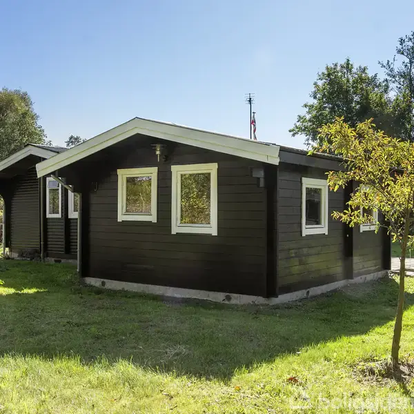 Et træhus med hvide vinduer står stille i en grøn have. Omgivet af træer og græsplæne, skaber naturen en fredelig atmosfære.