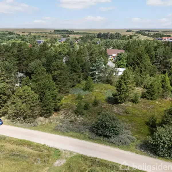 En blå bil kører på en smal vej gennem en skovklædt landskab. I baggrunden ses spredte huse og åbne marker under en blå, let skyet himmel.