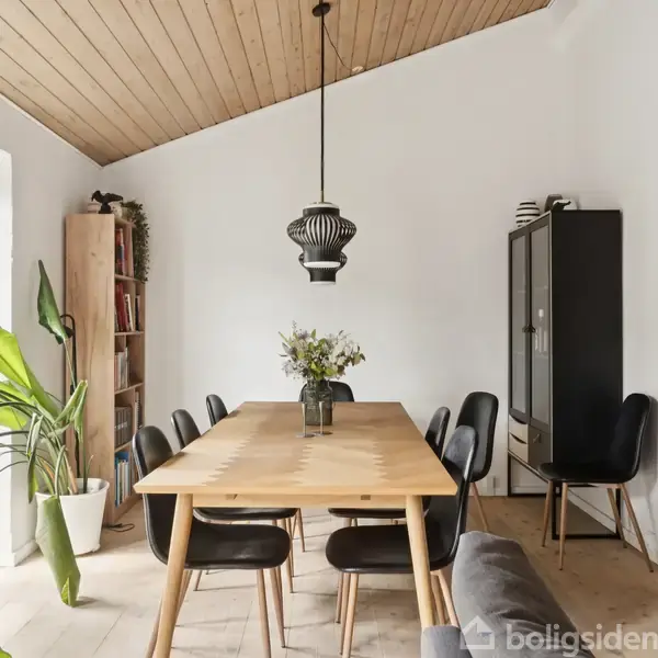 Spisebord med seks sorte stole står i et lyst rum med træloft. En stor plante står ved vinduet, og en reol samt et vitrineskab står op ad væggen.