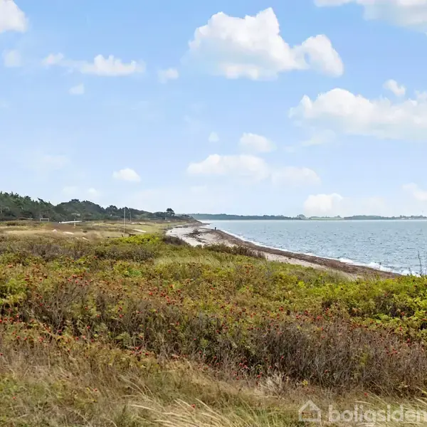 Strand med græs og buske langs bredden. Havet strækker sig til højre, himlen er blå med hvide skyer. Et par huse kan skimtes i baggrunden.
