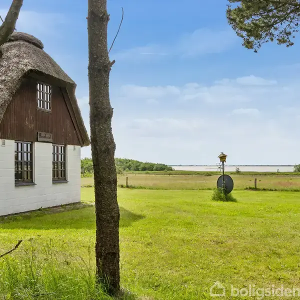 Et stråtækt hus står ved siden af træer i et åbent, grønt landskab med udsigt over en fjerntliggende sø eller hav i baggrunden. Skiltet på huset siger "Thorhavn."