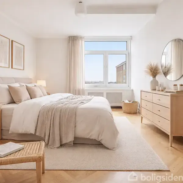 Soveværelse med en stor seng dækket af lyse sengetæpper og puder, flankeret af to natborde med lamper. Ved siden af er en kommode med et rundt spejl og en vase.