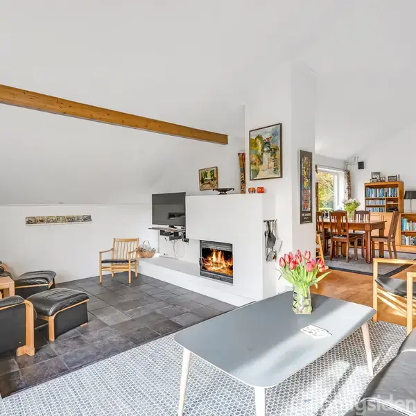 Stue med pejs og sofaarrangement, hvor pejsen brænder. En sort lænestol og sidebord findes til venstre. Spisebord og bogreoler ses i baggrunden. Lyset strømmer ind fra vinduet.