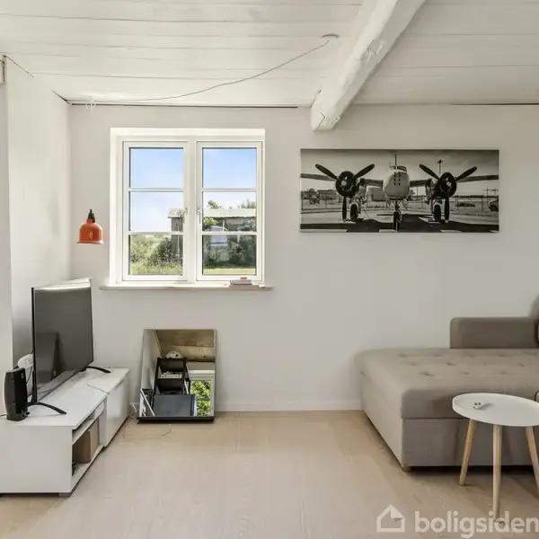 En stue med en grå sofa står ved væggen. TV'et på en lav hylde viser mod sofaen. Et stort vindue lyser rummet op. Et flybillede hænger på væggen.