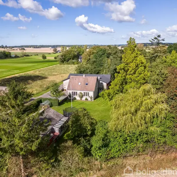 Et hvidt hus omgivet af træer ses fra luften. Huset ligger i en frodig, grøn have med marker i baggrunden. Sollys og lette skyer på himlen.