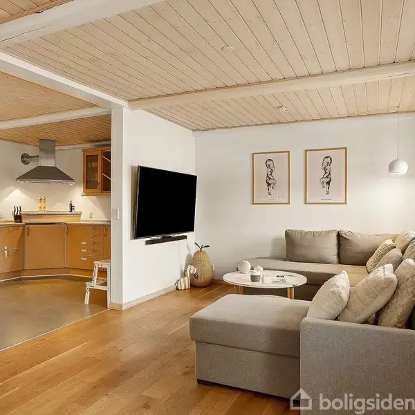 Grå sofa med bløde puder står i hjørne af lys stue; fladskærms-TV hænger på væg; rundt sofabord foran. Køkken med træskabe til venstre under træloft med bjælker.