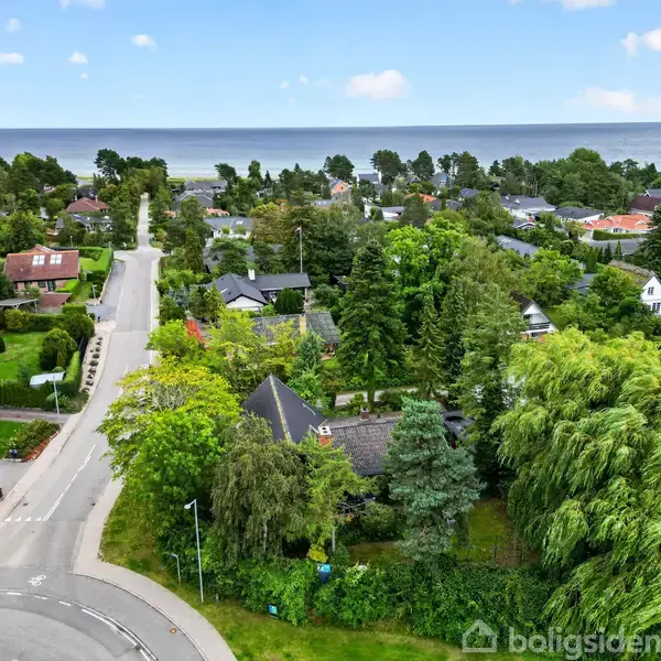 Huse omgivet af frodig vegetation ligger langs snoede veje i en kystnær forstad. Havet ses i horisonten, med spredte skyer på himlen og rigelig grøn beplantning i forgrunden.