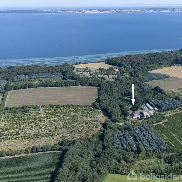 En gård ejendom ligger stille midt i frodige marker og grønne områder, med en pil der peger på ejendommen. I baggrunden ses en bred havudsigt.