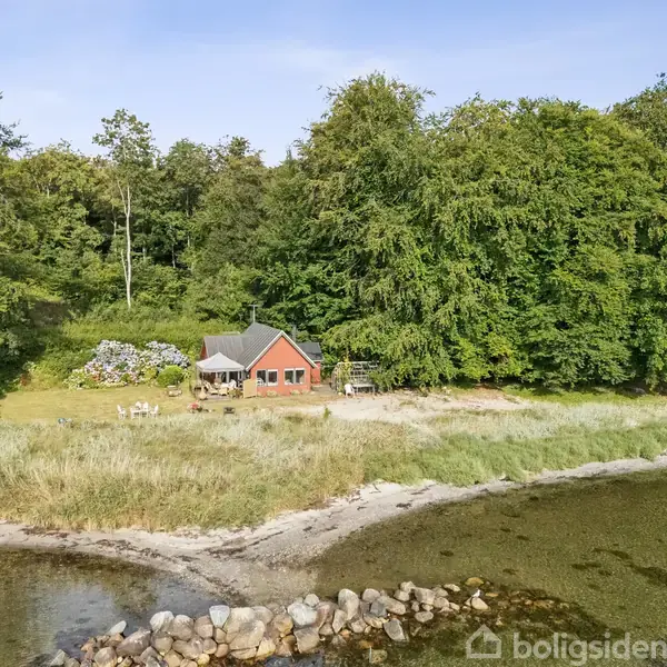 Et rødt hus med en terrasse står ved skovkanten nær en strand med store sten. Baggrunden er domineret af tæt, grøn vegetation.