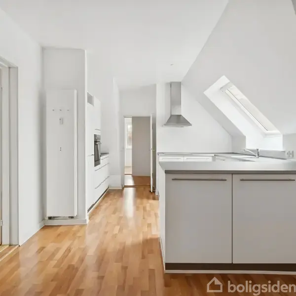 Et moderne køkken med hvide skabe og stålbordplade. Der er et skråt loft med ovenlysvindue, og det tilstødende rum ses gennem en åben døråbning. Gulvet er i lyst træ.