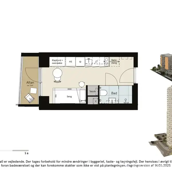 Plantegning viser en lejlighed med stue, seng, køkken og badeværelse. Til højre ses to 3D-illustrationer af bygninger. Tekst: "Boligtype A, 29-31 m², archouse Aarhus."
