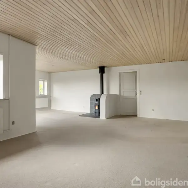 Stue med træloft har en centralt placeret brændeovn. Rummet er lyst med tæppebelagt gulv, store vinduer og en hvid dør.