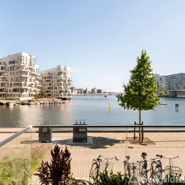 Bicykler står parkeret foran en glaskantet altan, med udsigt over en flod omgivet af moderne hvidlige lejlighedskomplekser under en klar blå himmel.