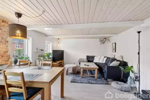 Stue med spisebord og stole til venstre, sofa og sofabord til højre, placeret på et blødt tæppe. Væggene er hvide, og der er planter og lamper rundt omkring.