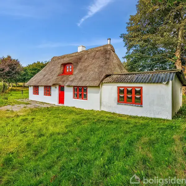 Stråtækt hus med rød dør og vinduer står stille. Omringet af frodig grøn have og høje træer under en blå himmel.