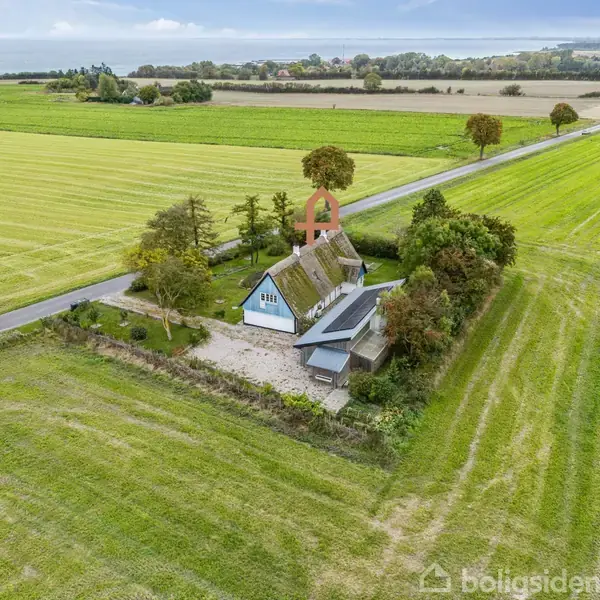 En stråtækt gård omgivet af velholdte marker og træer ligger ved en vej i et landligt område. Landbrugsmarker strækker sig ud mod horisonten i baggrunden.